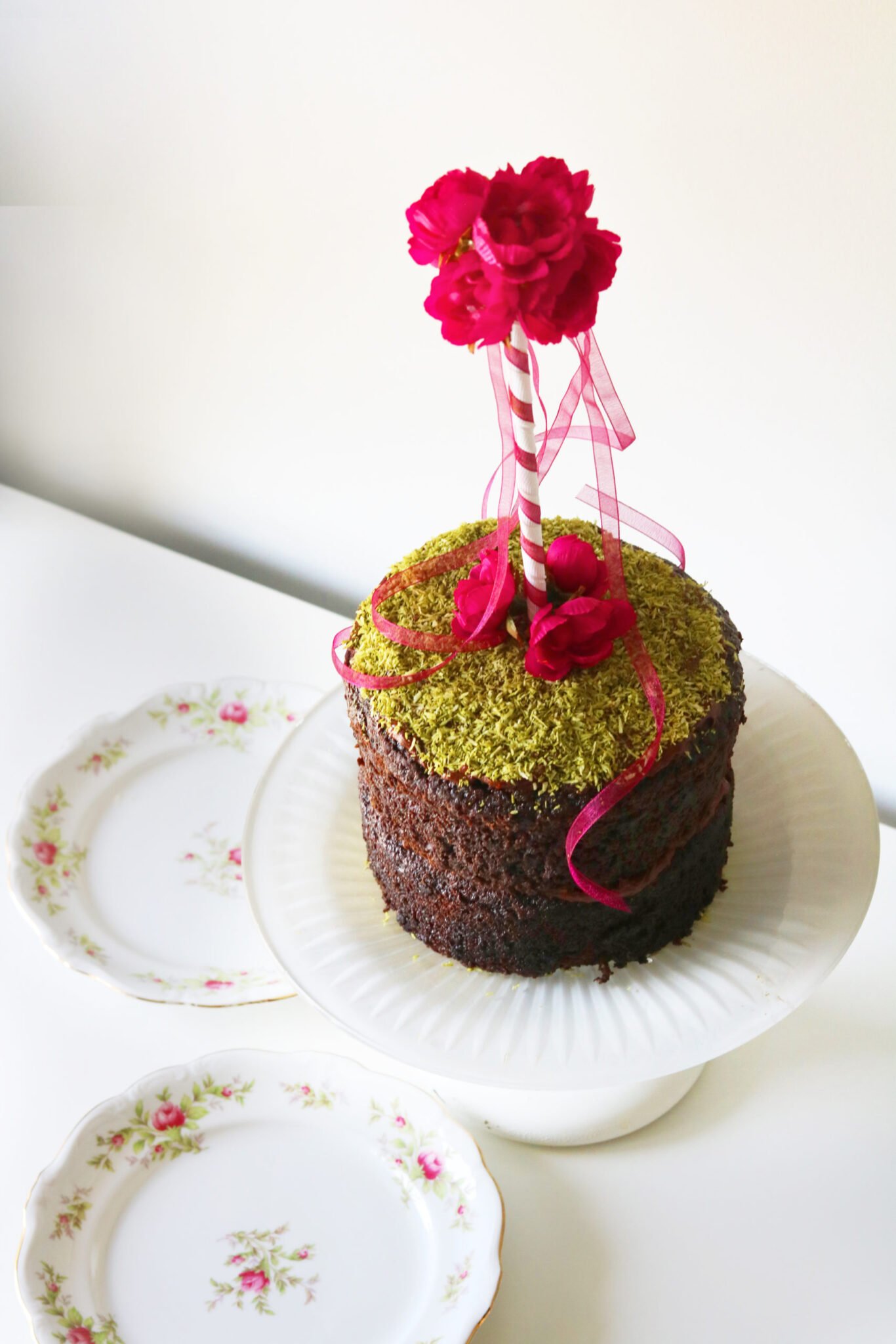 Beltane Maypole Cake with Matcha Powder